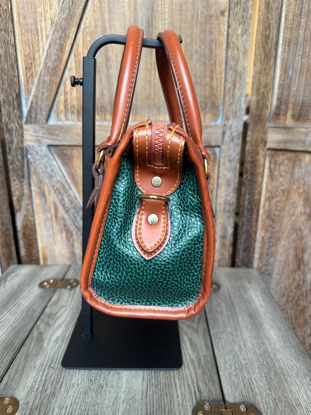 Dooney & Bourke Vintage Green and Brown Pebbled Leather Satchel Tote Handbag - Picture 3 of 14